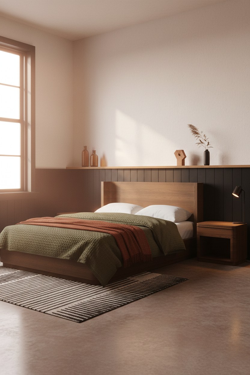 Black Oak Bedroom Industrial Wainscoting