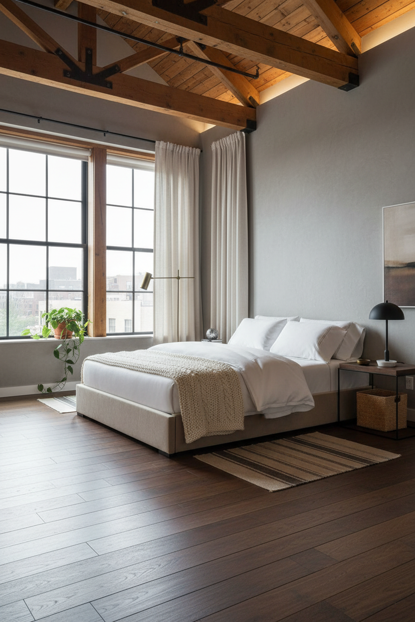 Loft Bedroom Japandi Exposed Beams Natural Light
