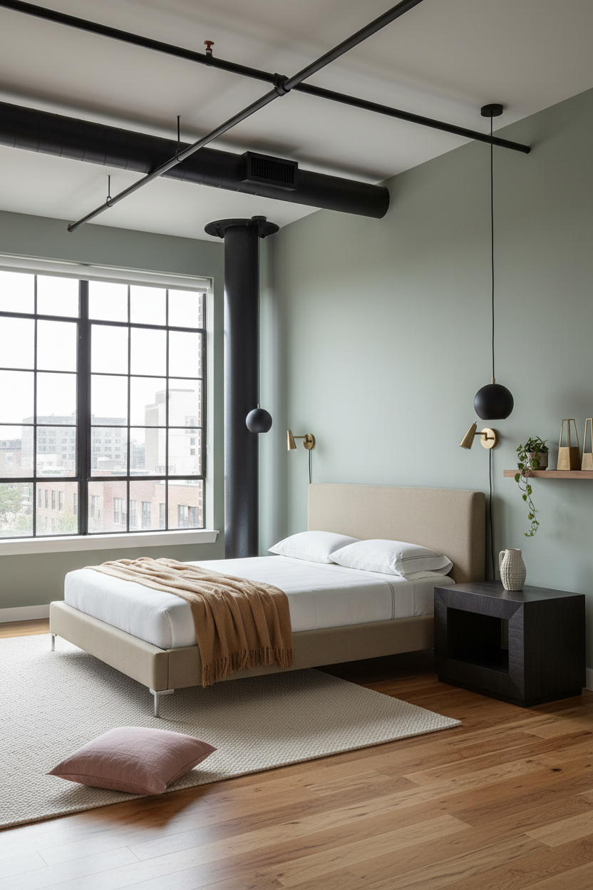 Loft Bedroom Adults Industrial Windows Sage