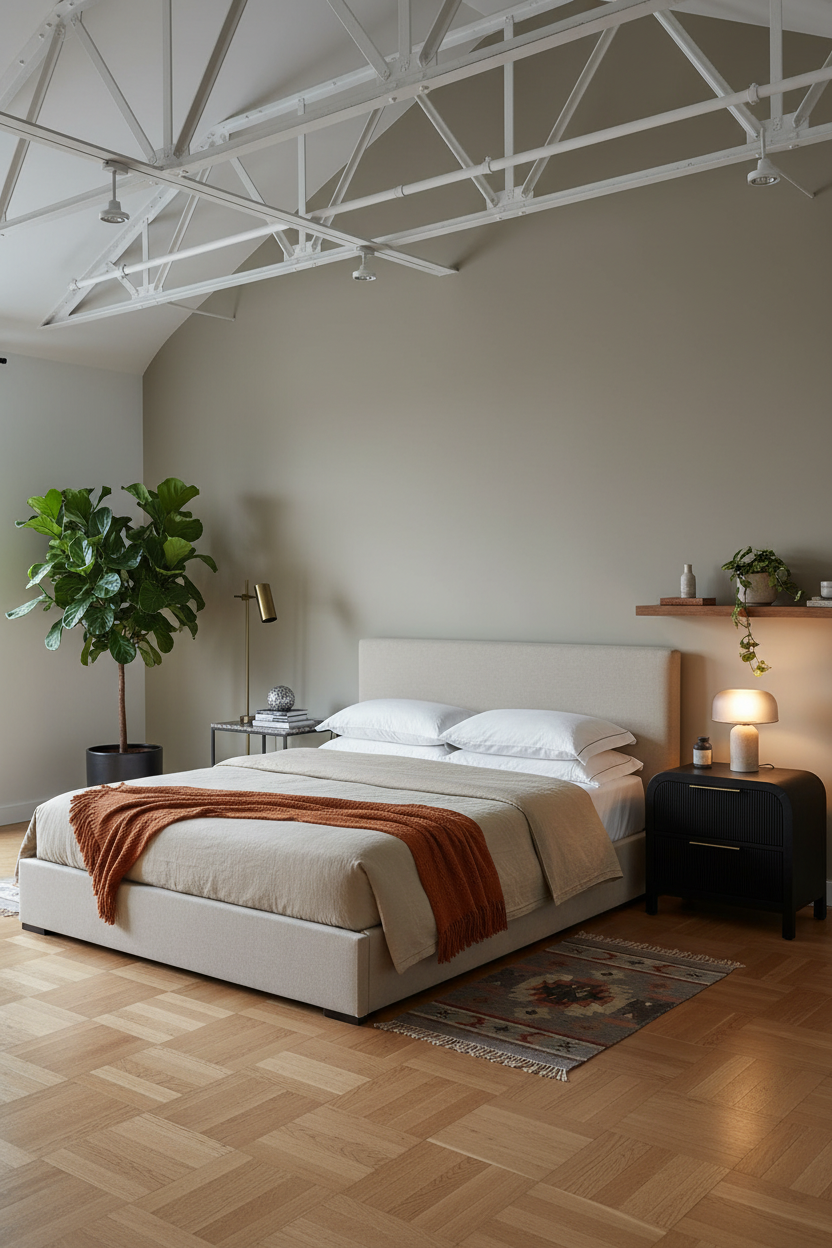 Loft Bedroom Adults Exposed Trusses Modern