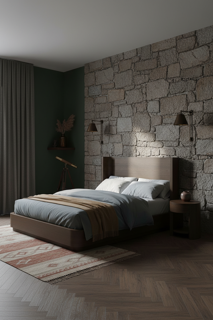 Moody Western Bedroom Stone Accent Wall