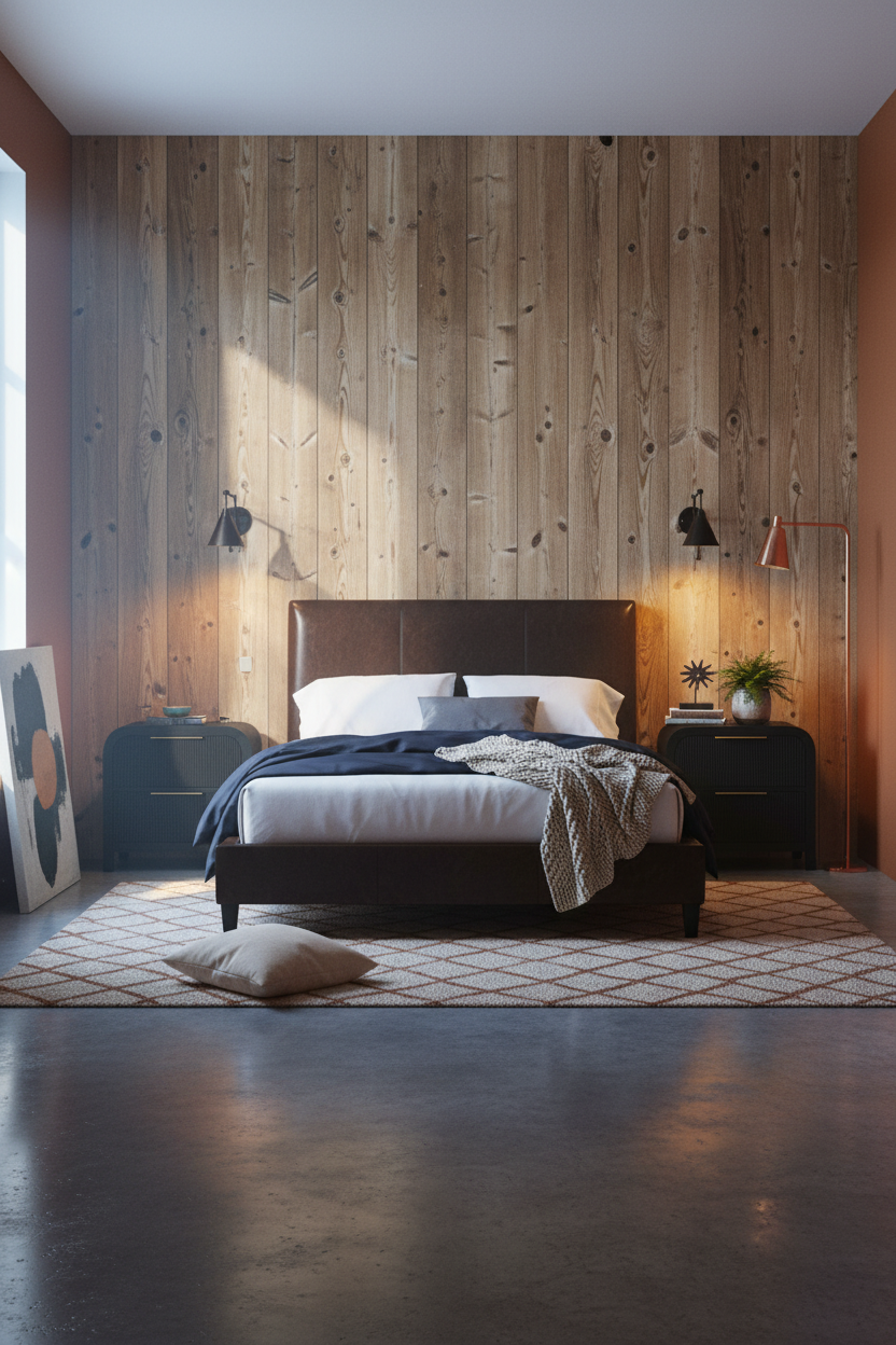 Moody Western Bedroom Dark Paneling Iron