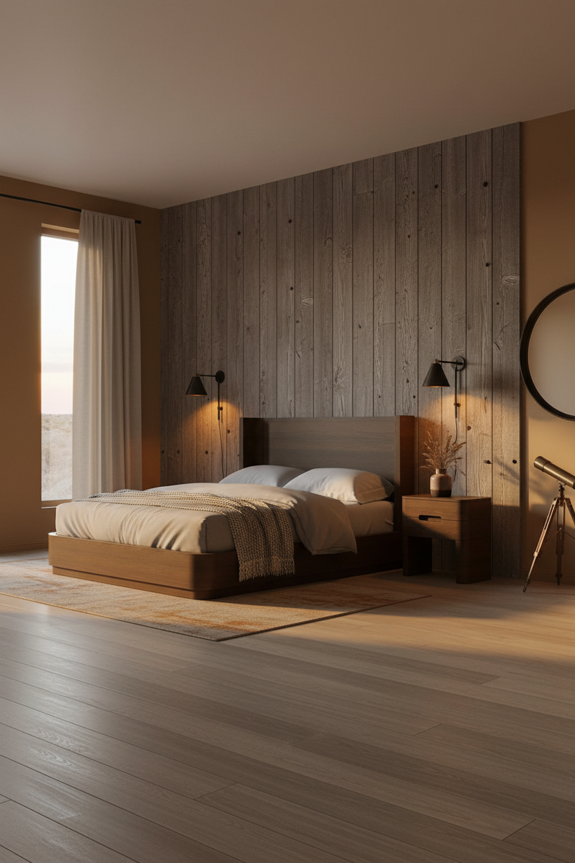 Moody Western Bedroom Dark Shiplap Golden Light