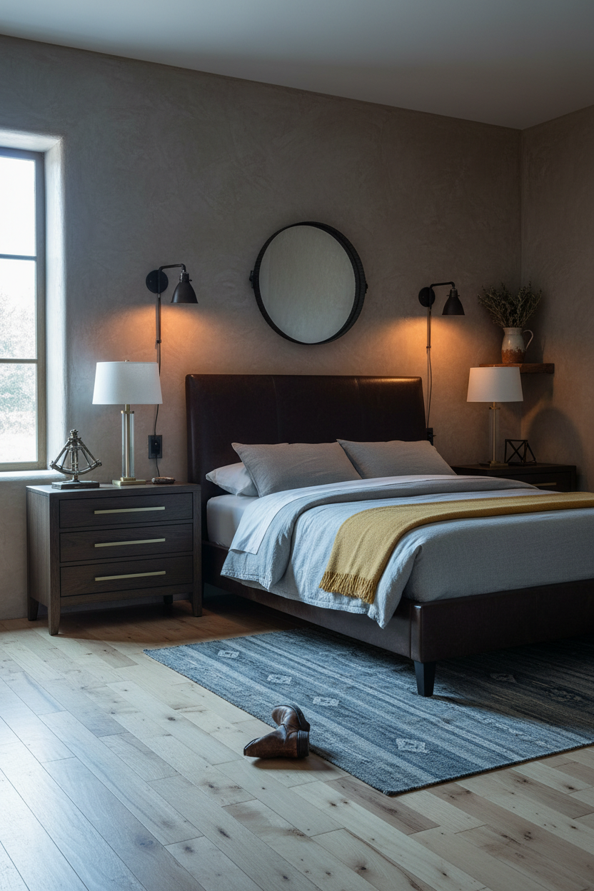 Moody Western Bedroom Adobe Plaster Reclaimed Wood