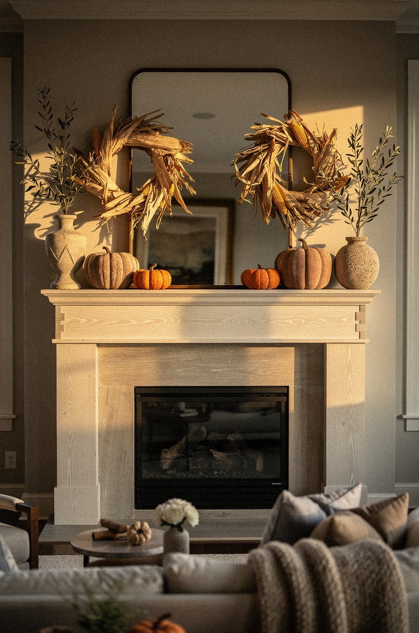 Bracket the mirror with corn husk wreaths