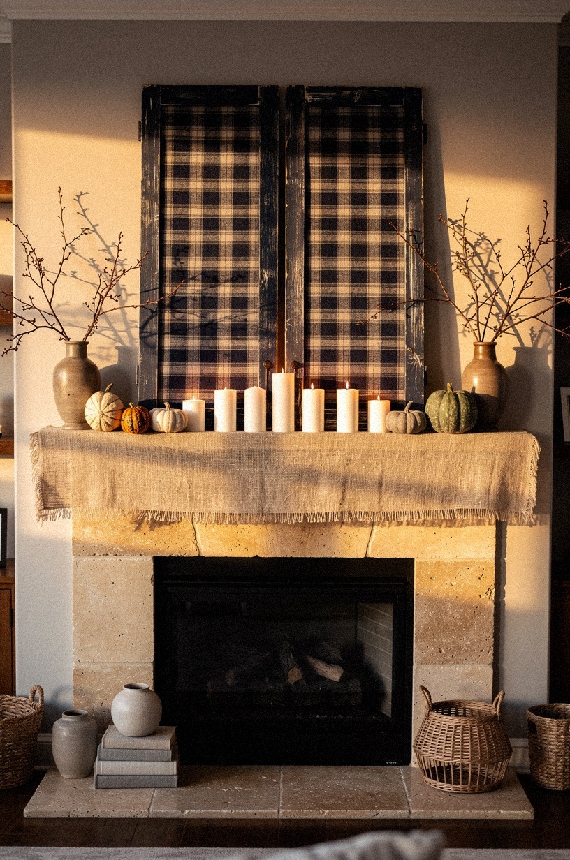 Prop plaid shutters behind the candle line