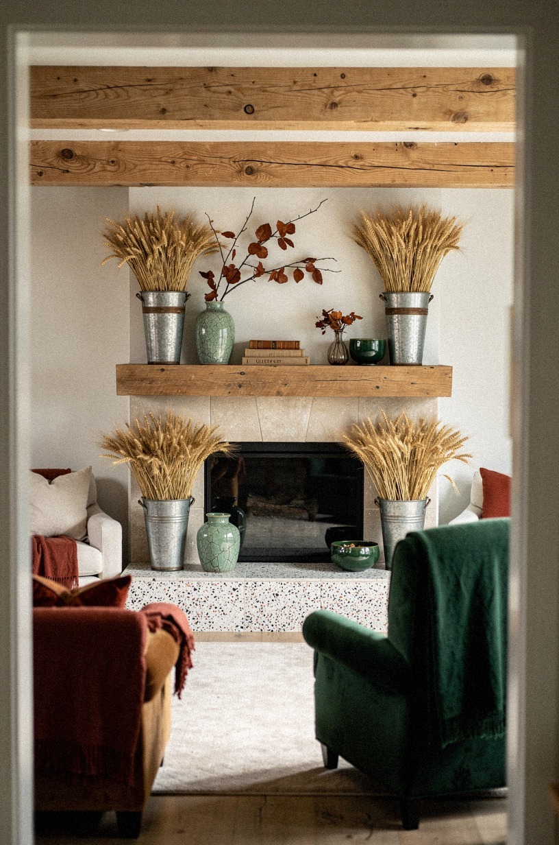 Need doorway impact? Tuck wheat sheaves in galvanized buckets