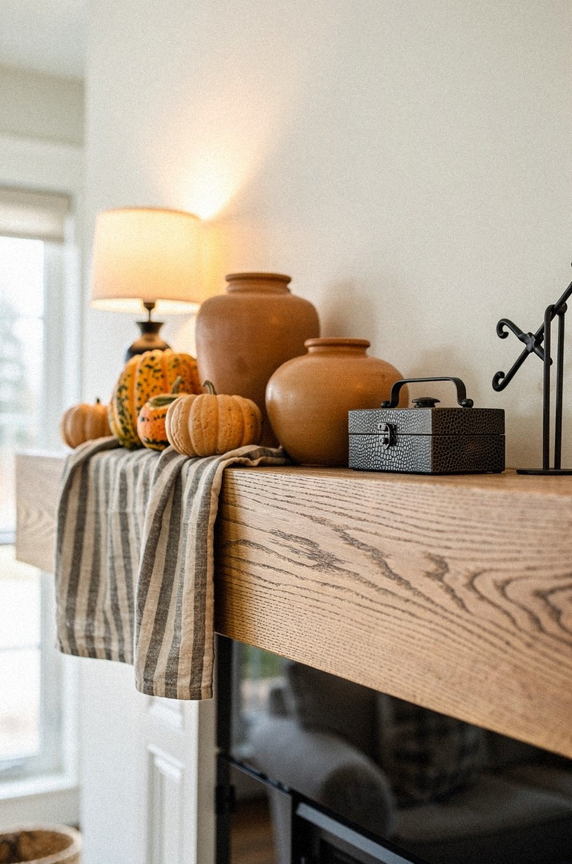 Ticking stripe + gourds = the cheapest move you'll make all fall