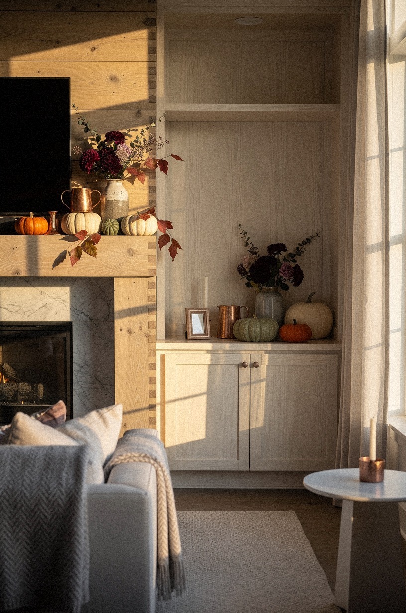 Mix copper mugs with mini pumpkins