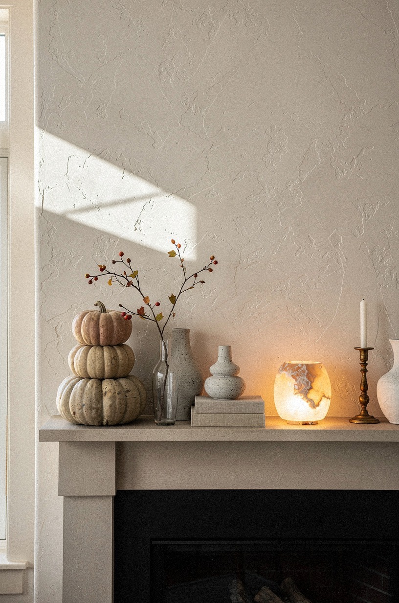 Anchor one side with a squat pumpkin stack