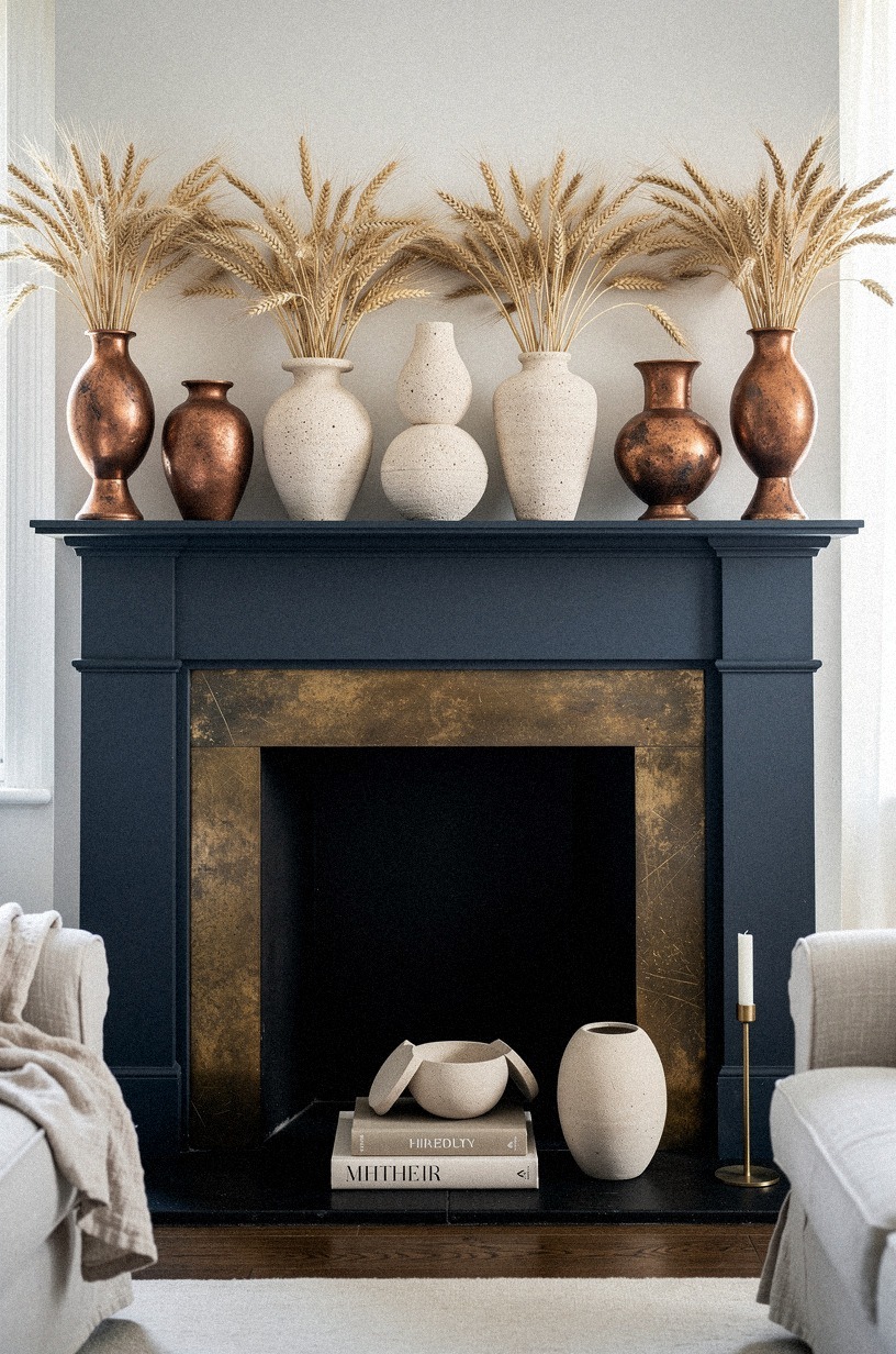 Cluster stoneware vases with dried wheat