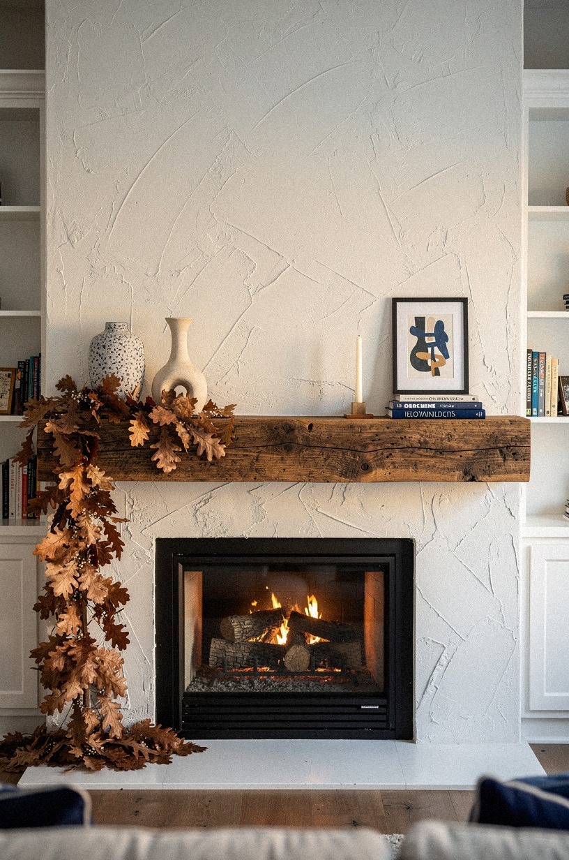 Trail oak leaves down one mantel corner