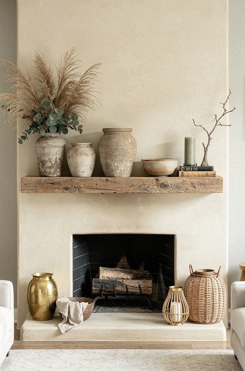 Cluster weathered crocks with dried grasses