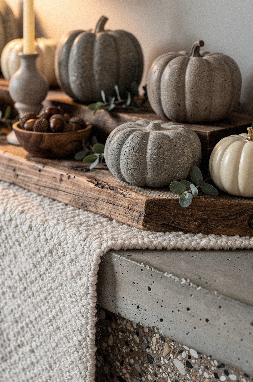 Arrange stone pumpkins on wooden risers