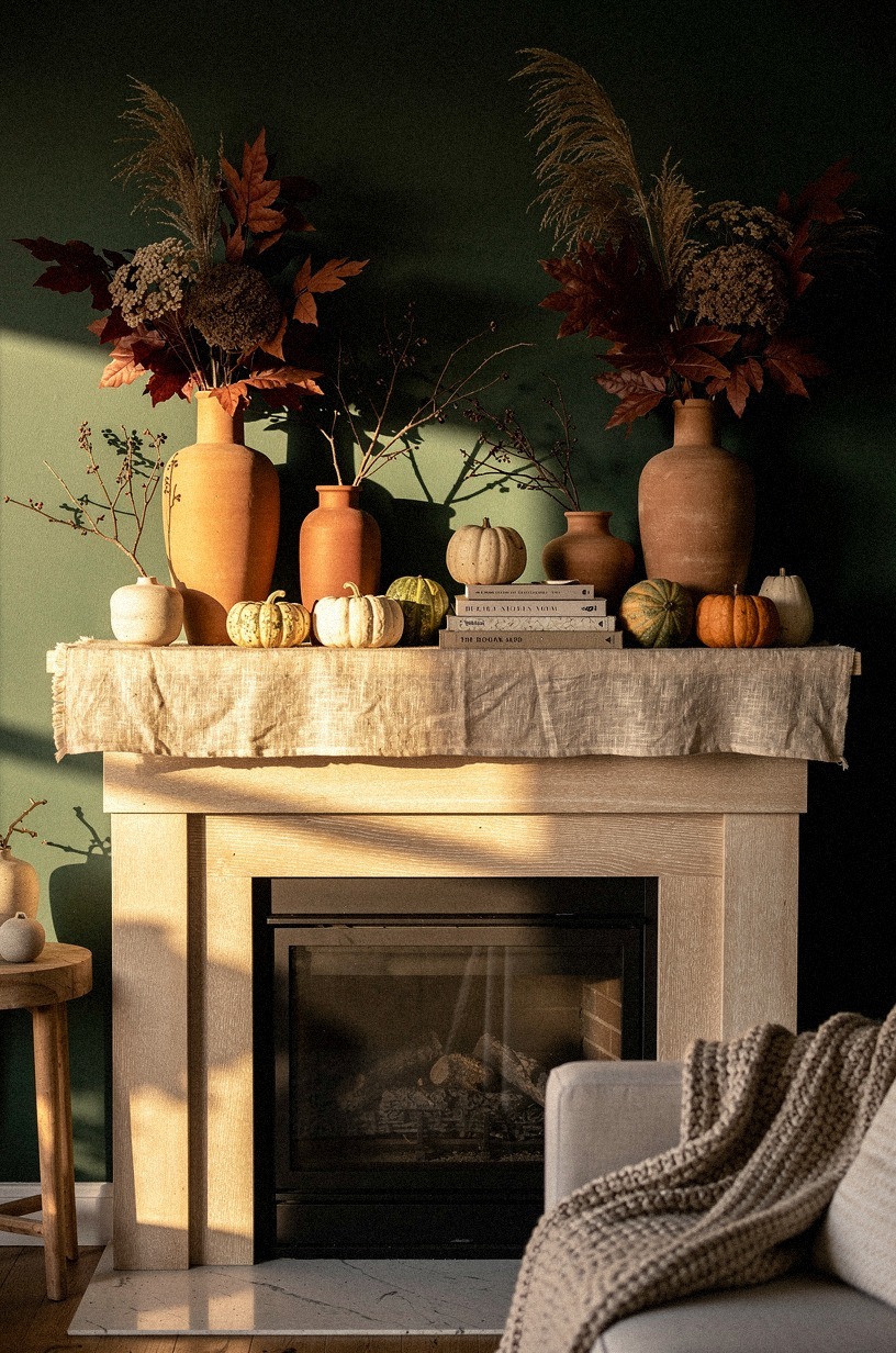 Mix terracotta vases with rust leaves