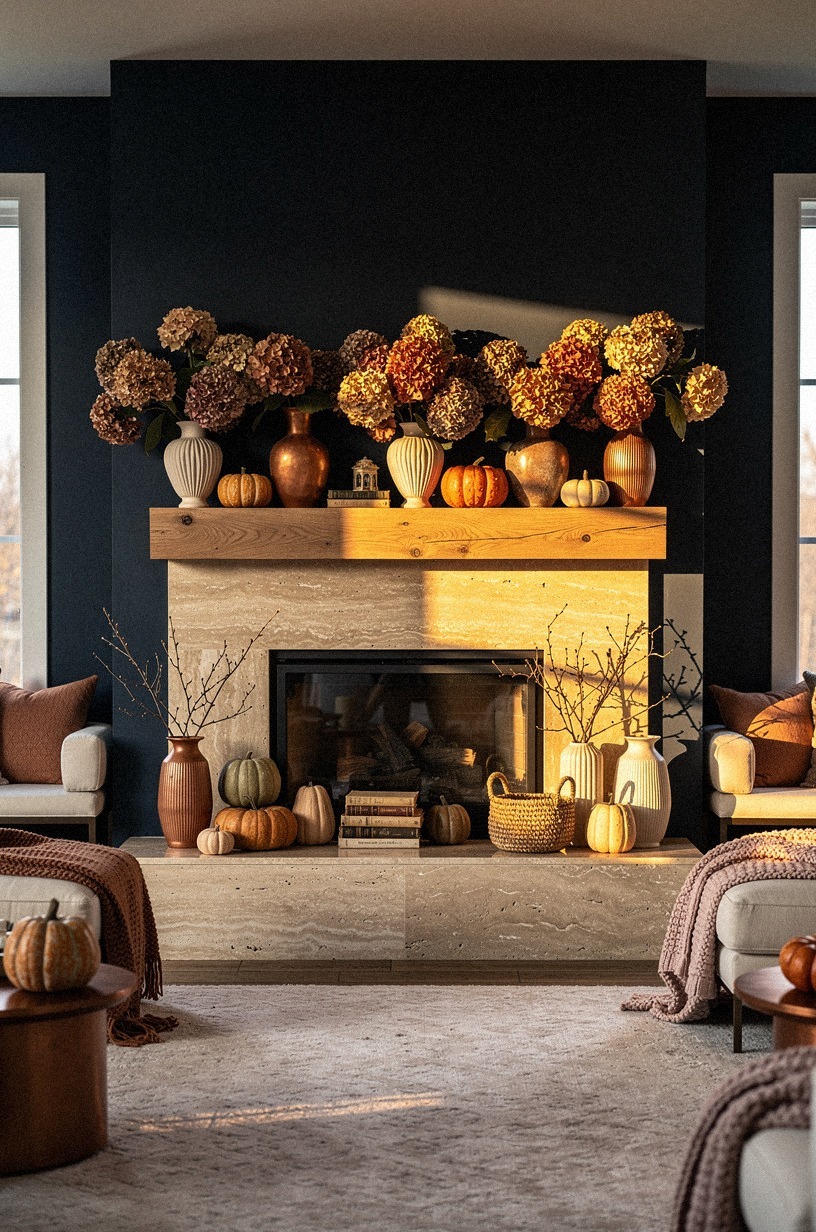 Crown the mantel with dried hydrangeas
