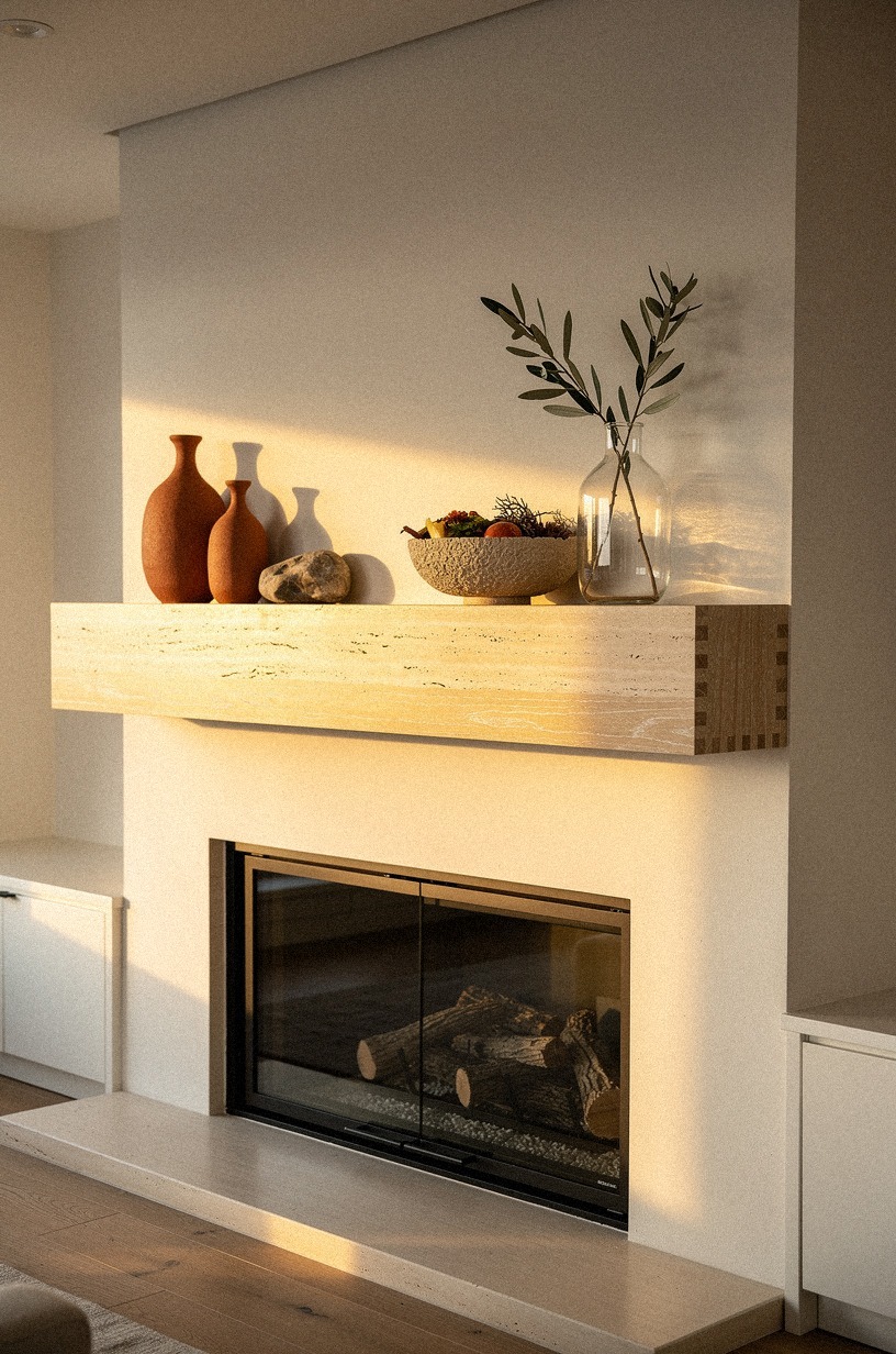 Start with a slim travertine mantel tray