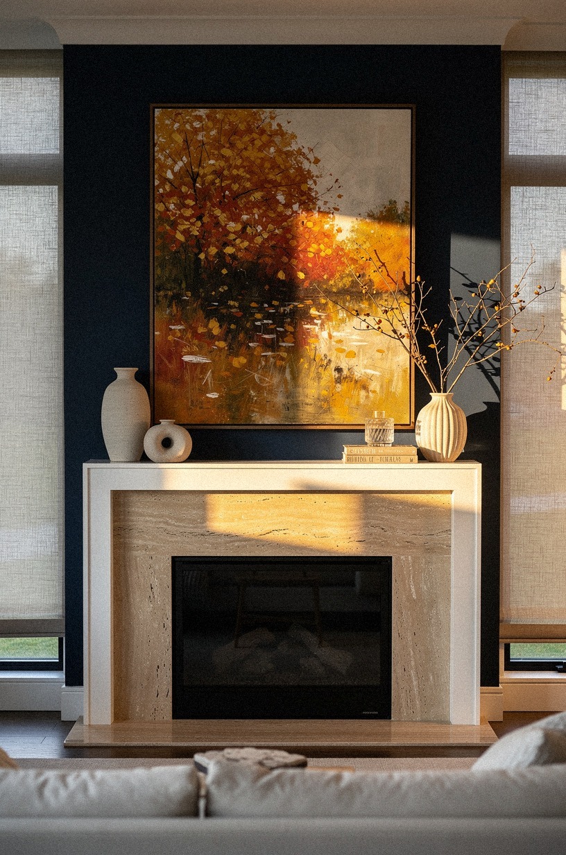 Hang abstract autumn art above the fireplace