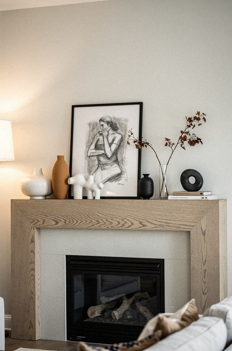Lean a framed charcoal sketch off center