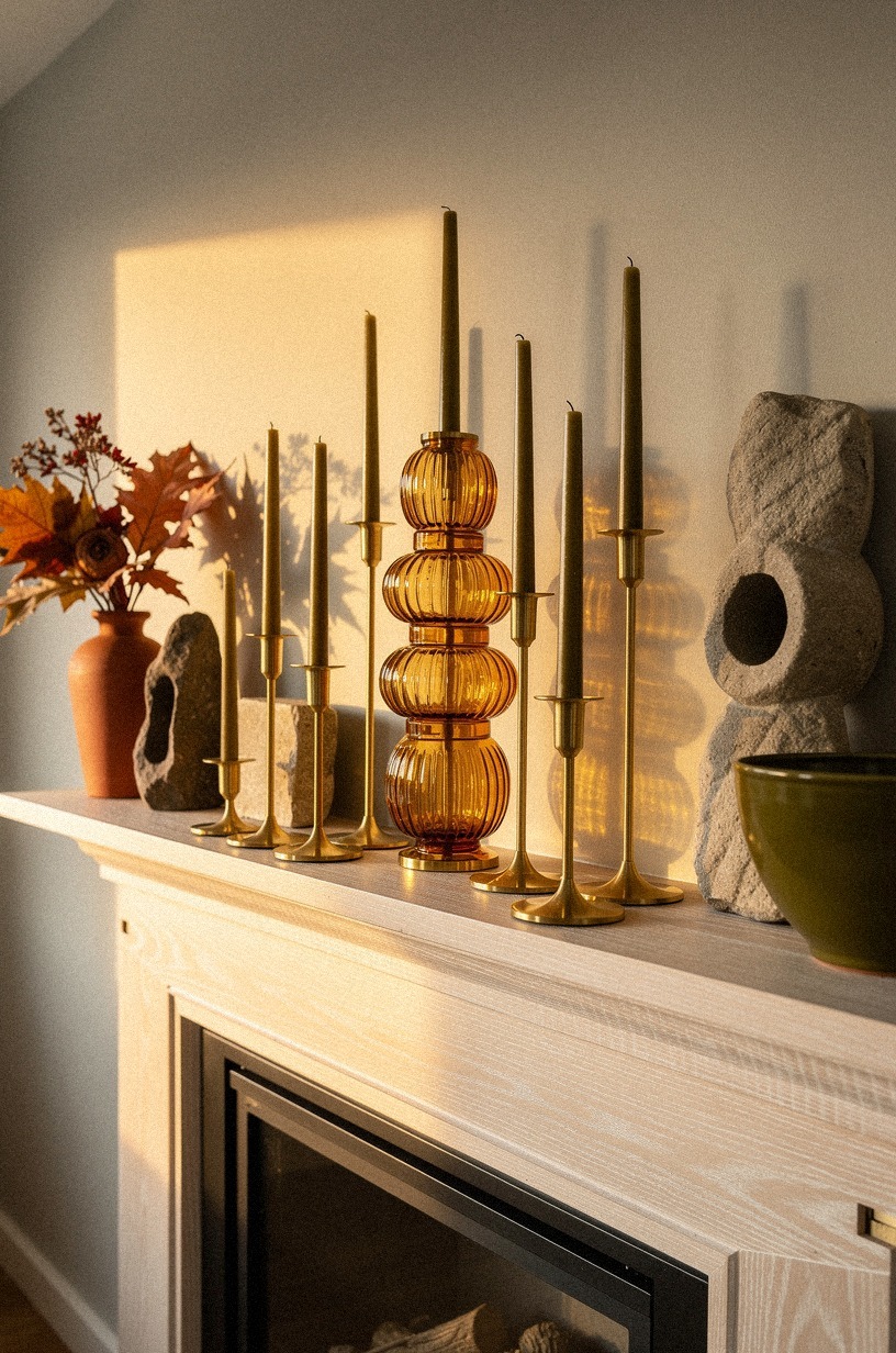 Cluster brass tapers around stacked amber glass