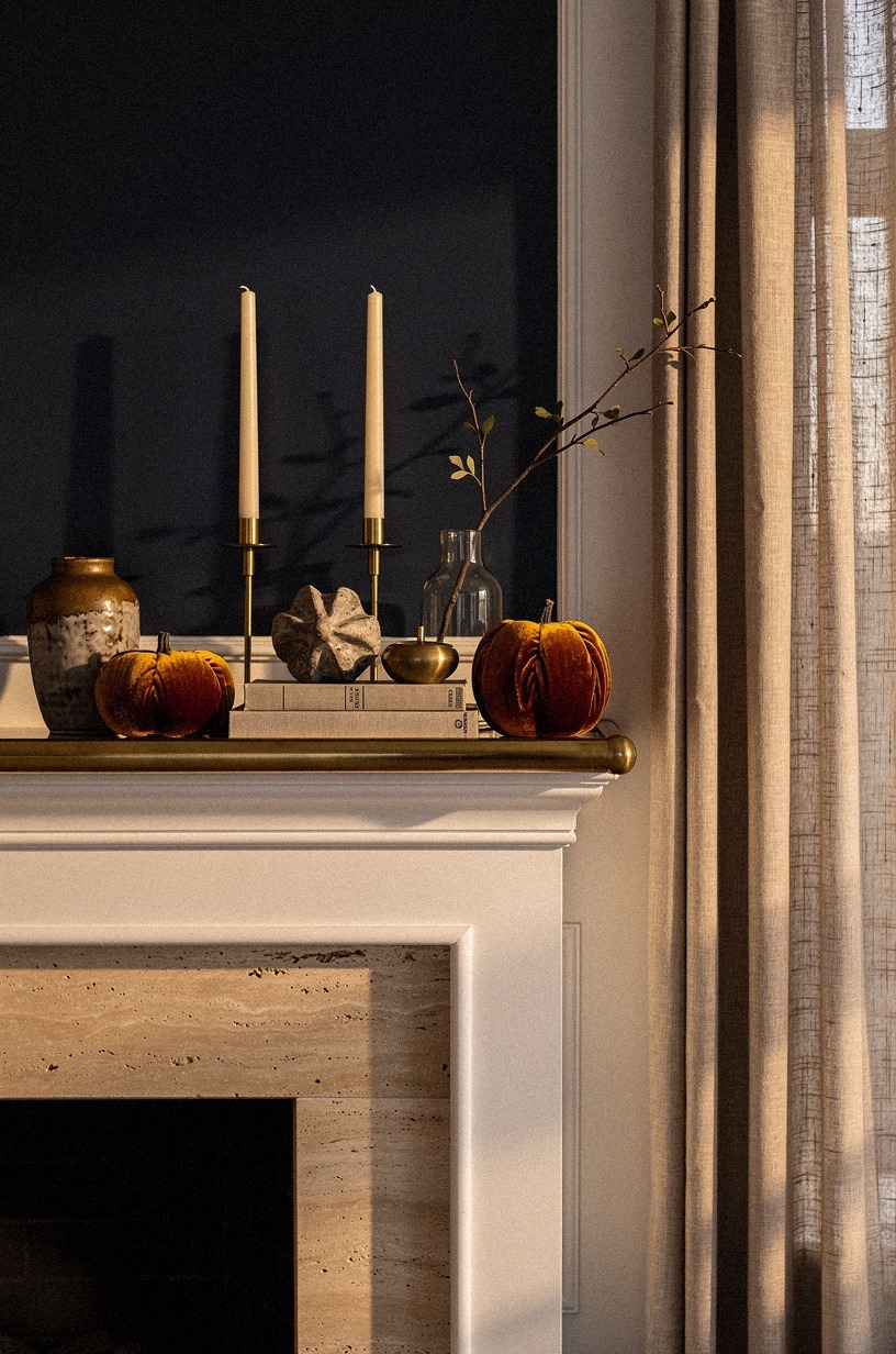 Pair pillar candles with mini velvet pumpkins