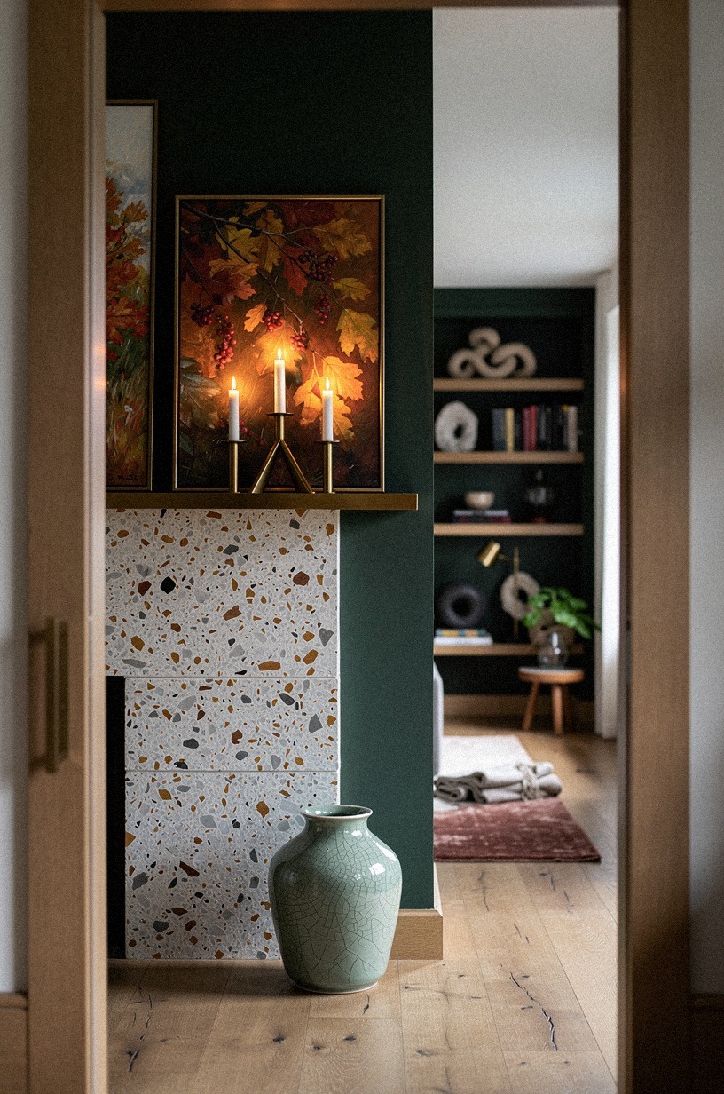 Build a firelit triangle beside fall art