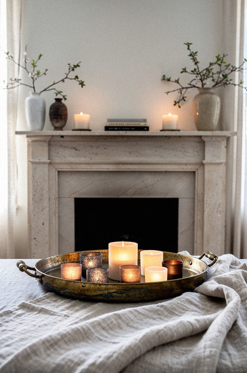 Group low votives inside a brass tray