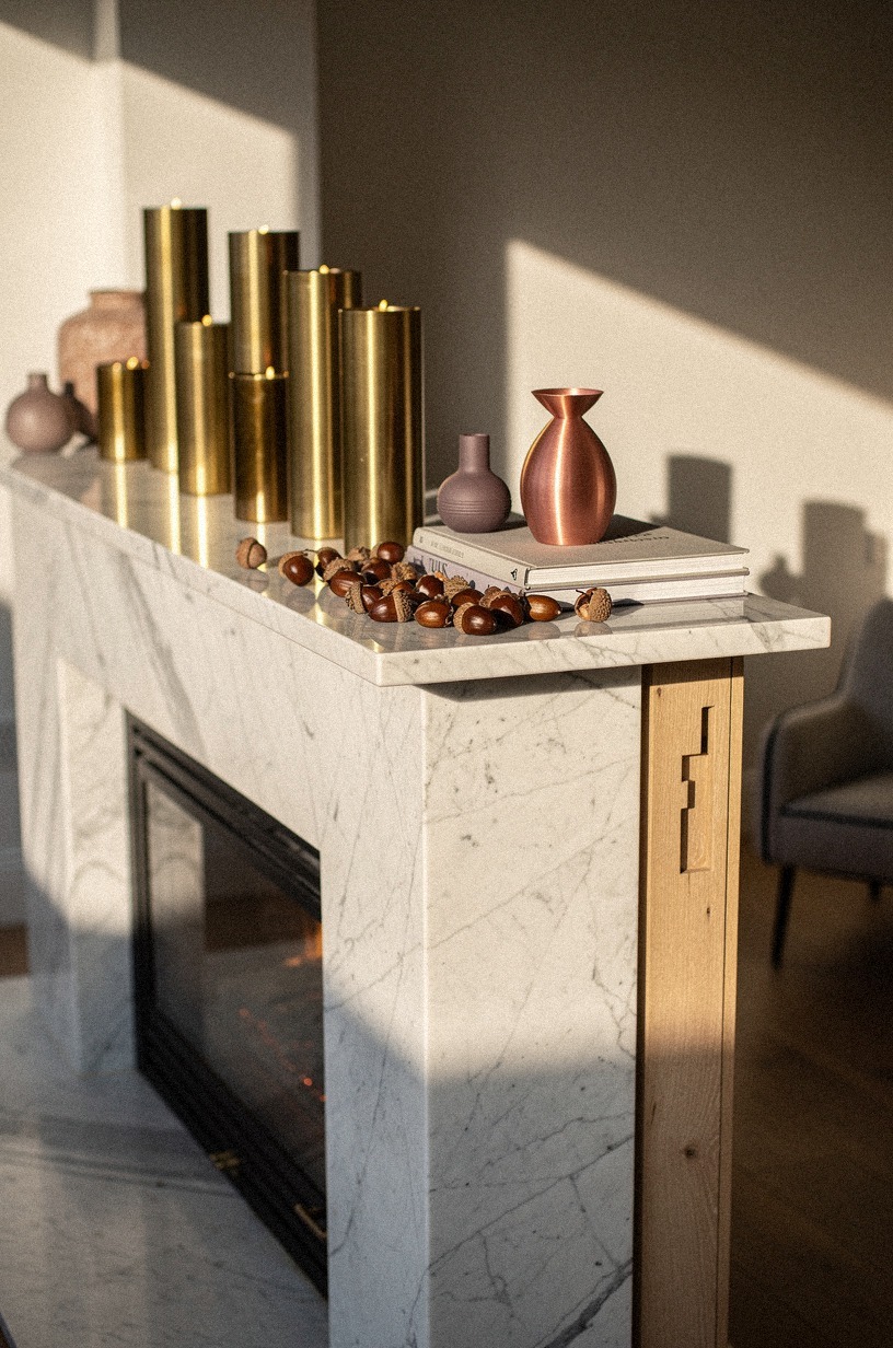 Scatter acorns between polished candle bases