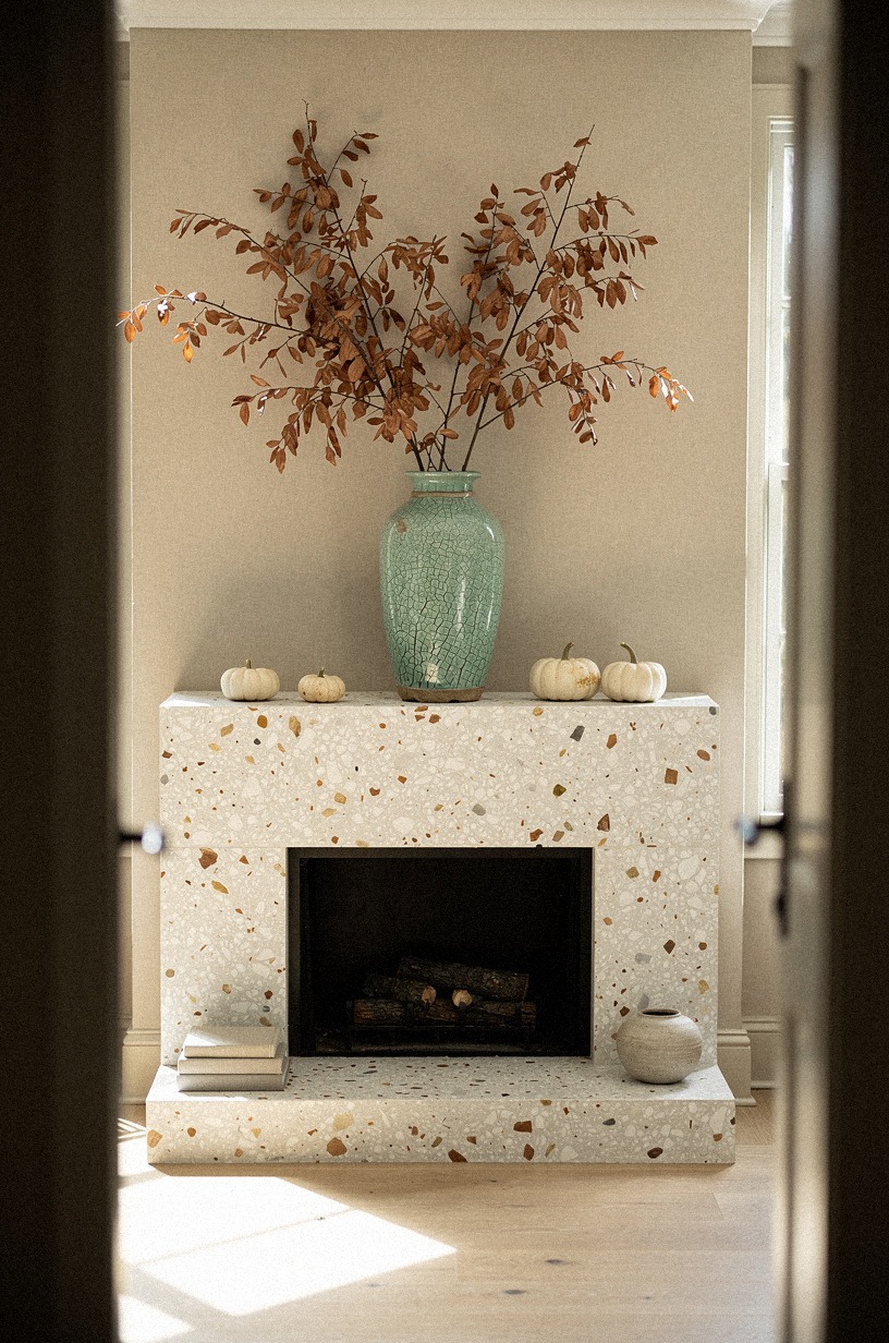 Tucked dried beech stems behind the vase