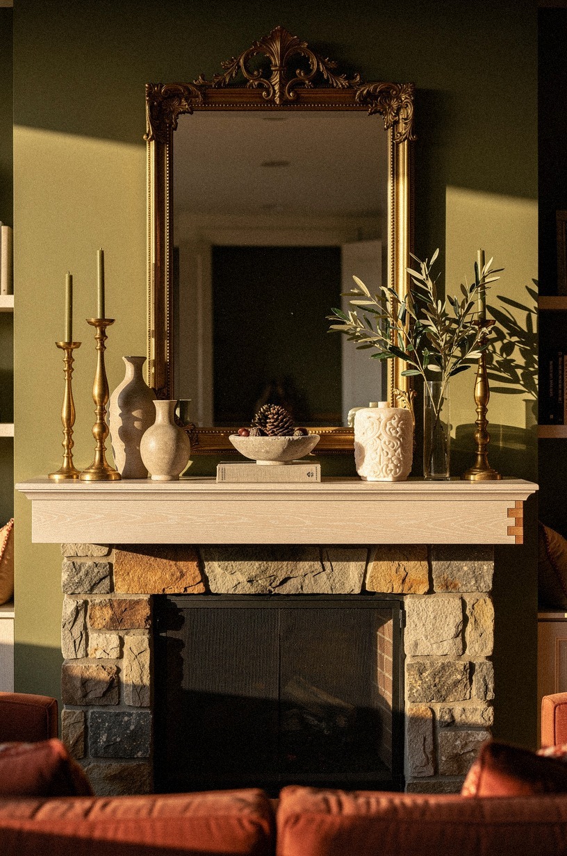 Gild the mirror with antique brass candlesticks