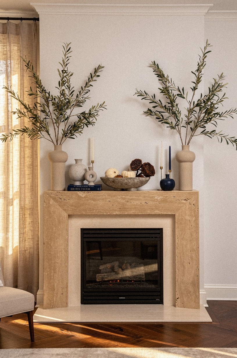Frame the fireplace with symmetrical olive branches