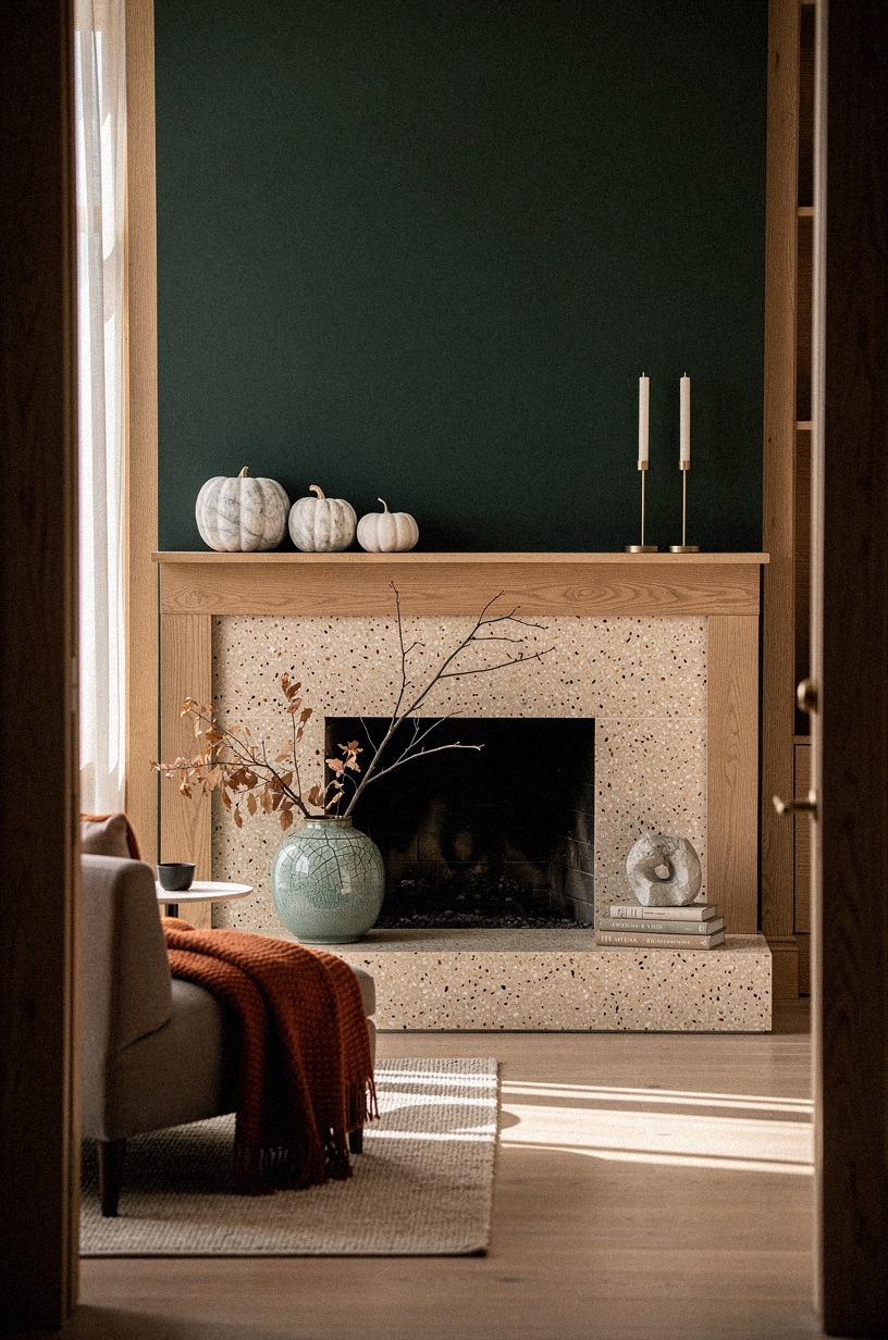 Cluster marble pumpkins beside taper candle pairs