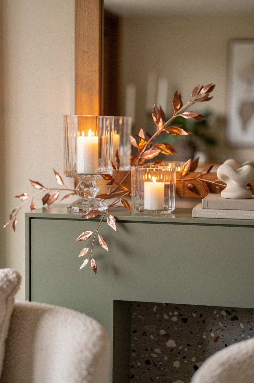 Float crystal hurricanes between copper leaf sprigs
