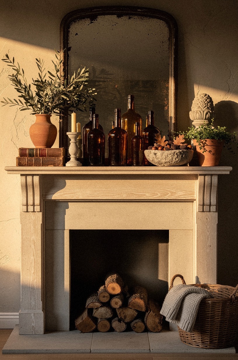 Prop an antique mirror behind amber bottles