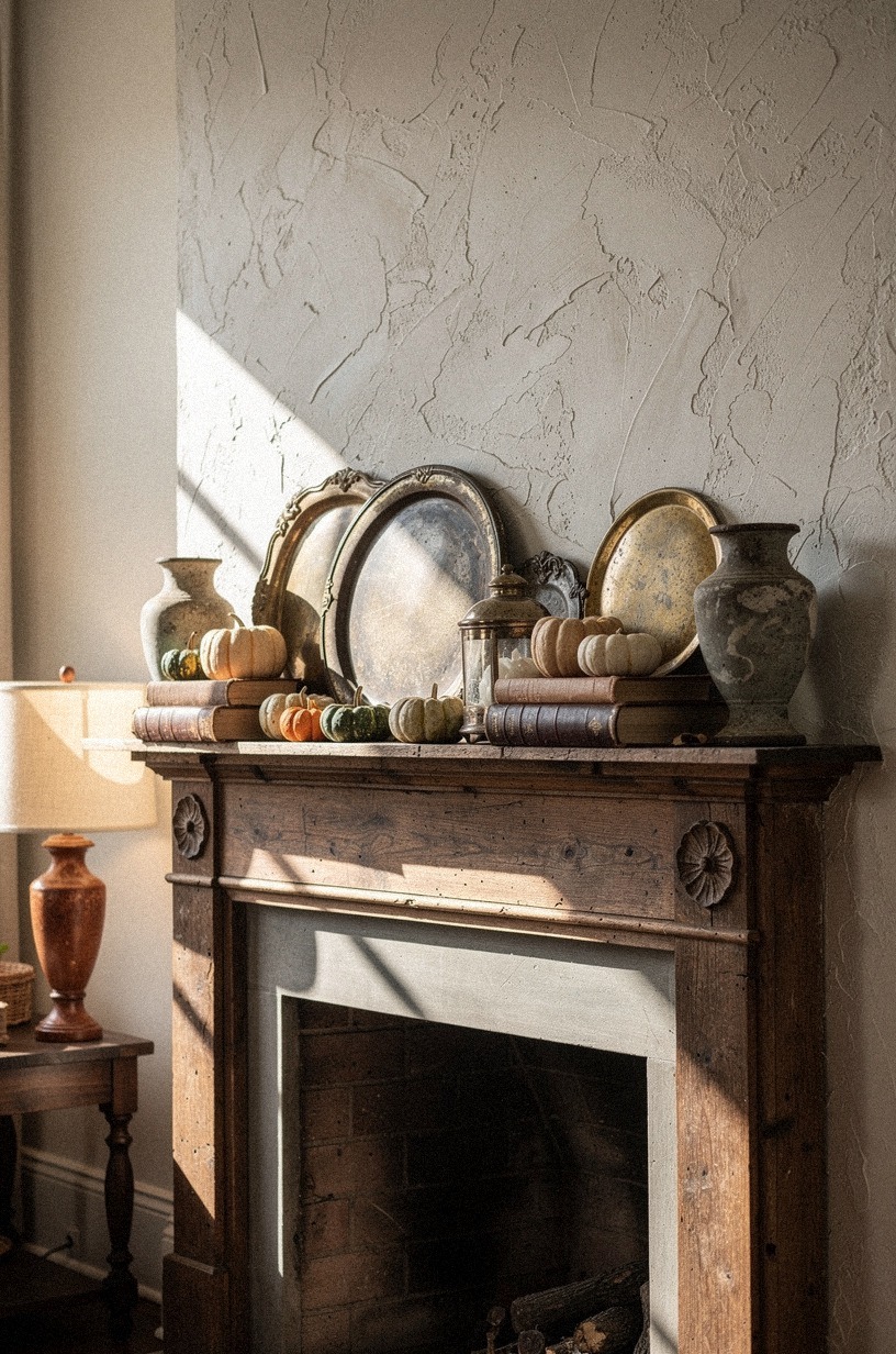 Arrange tarnished silver trays with mini gourds