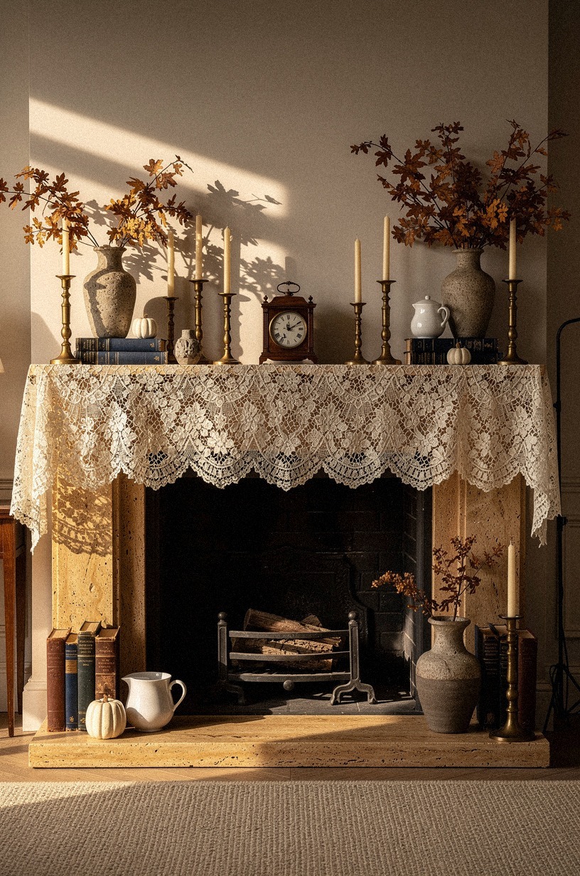 Layer lace runners beneath brass candle clusters