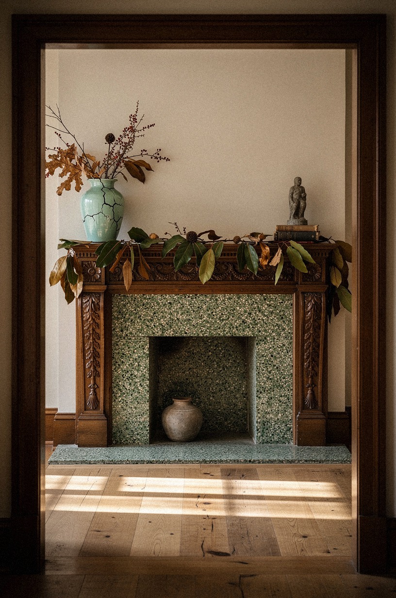 Drape magnolia leaves across a carved mantel