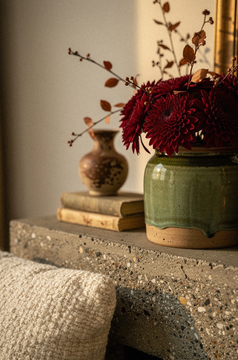 Style crocks with burgundy mums and branches