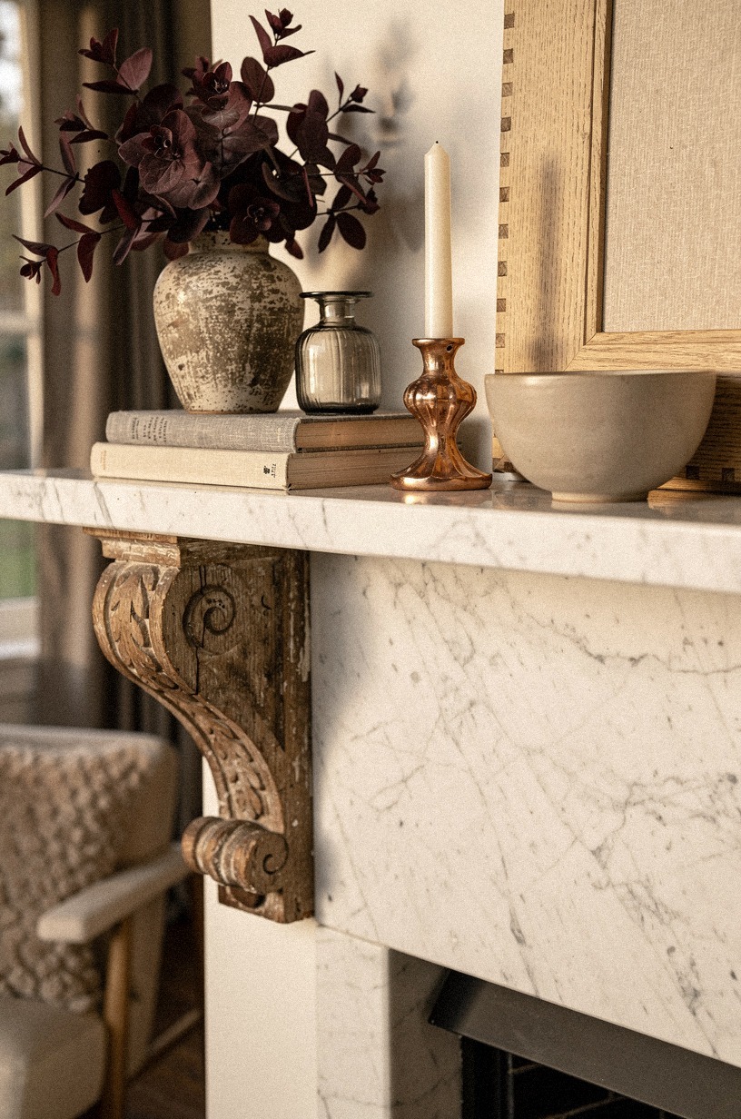 Anchor each end with aged wooden corbels