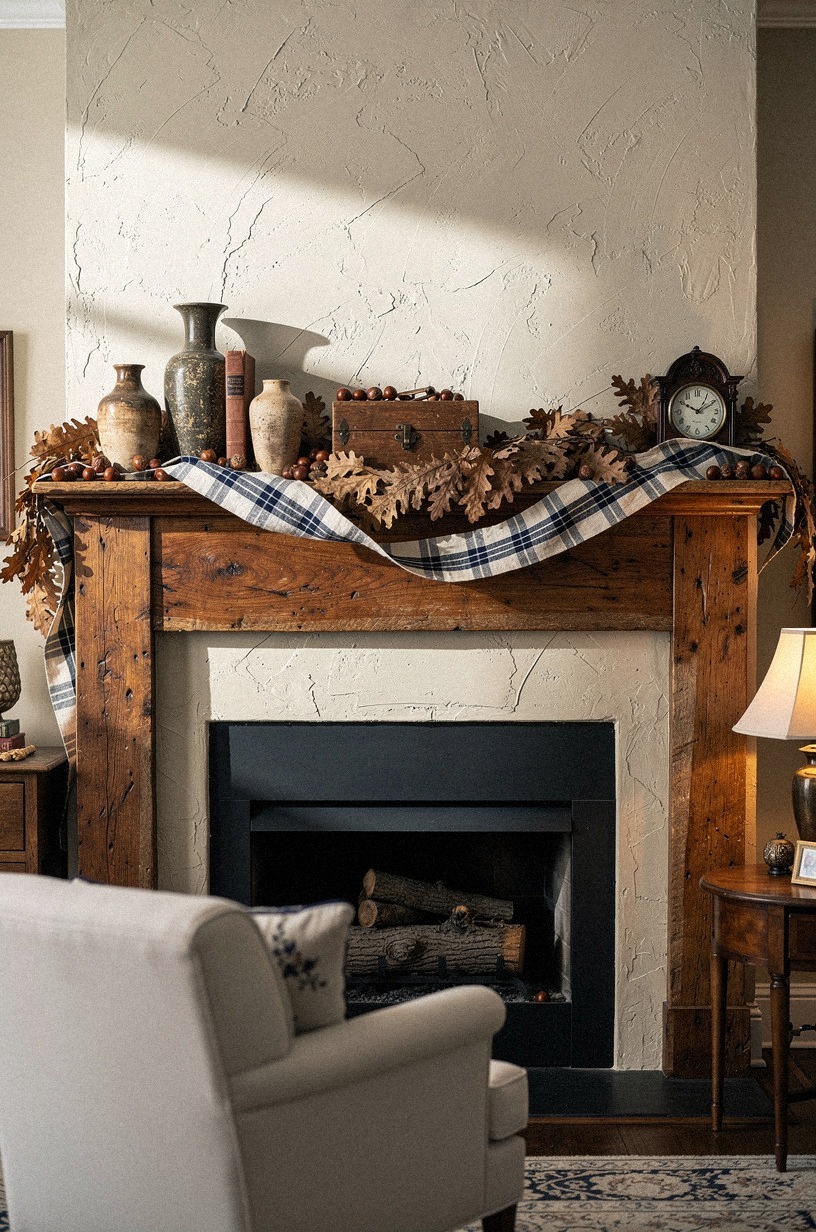 Weave plaid ribbon through dried oak leaves