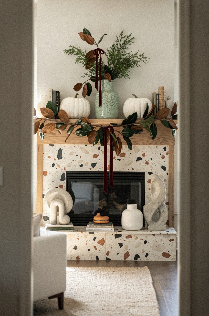 Tuck white pumpkins under glossy magnolia leaves