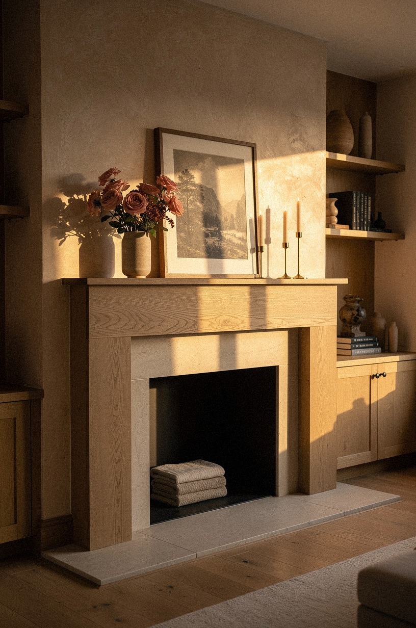 Lean vintage landscape art beside candlesticks