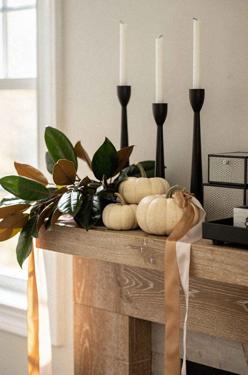 Drape soft oatmeal ribbon through the garland
