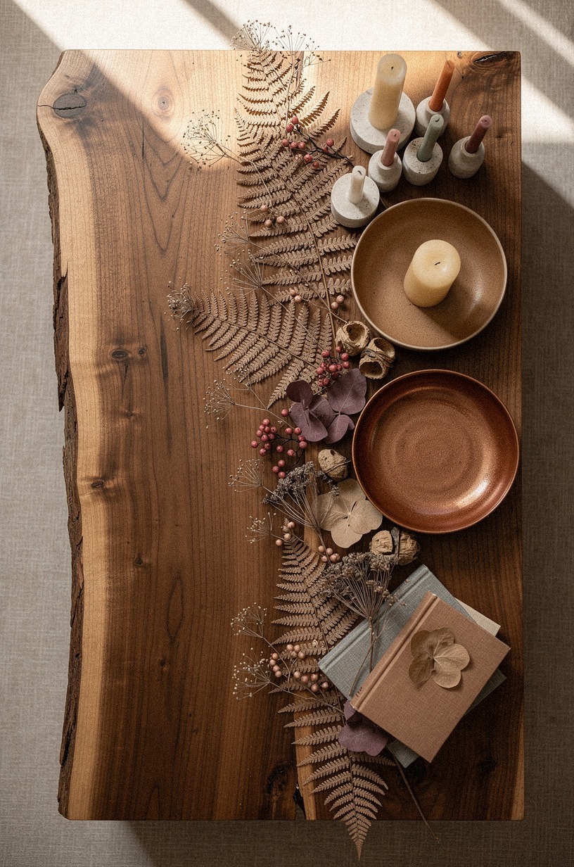 Laid dried fern fronds along the shelf