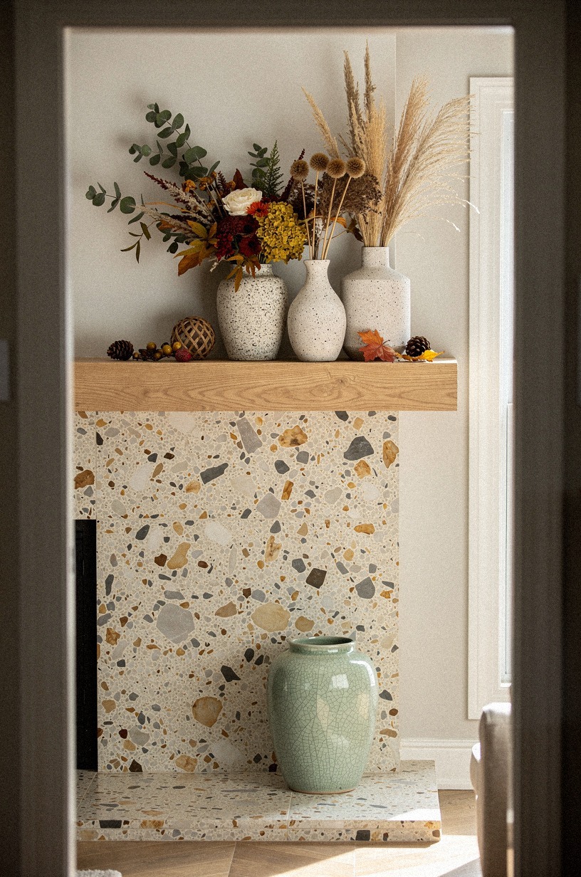 Set speckled stoneware vases near one edge
