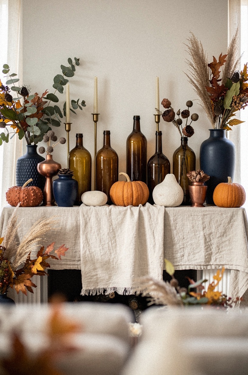 Placed amber glass bottles between the pumpkins