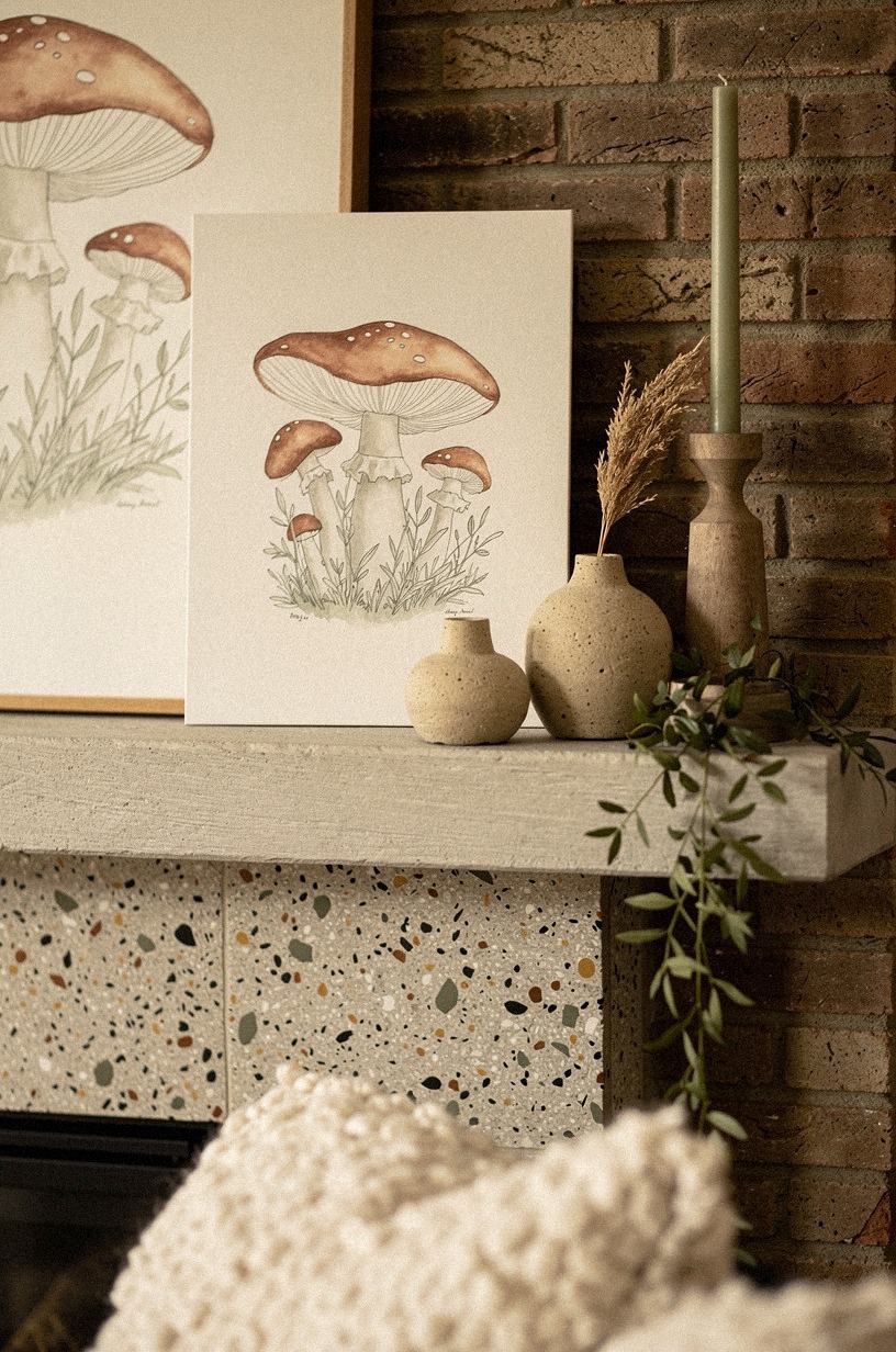 Layered mushroom prints against the brick