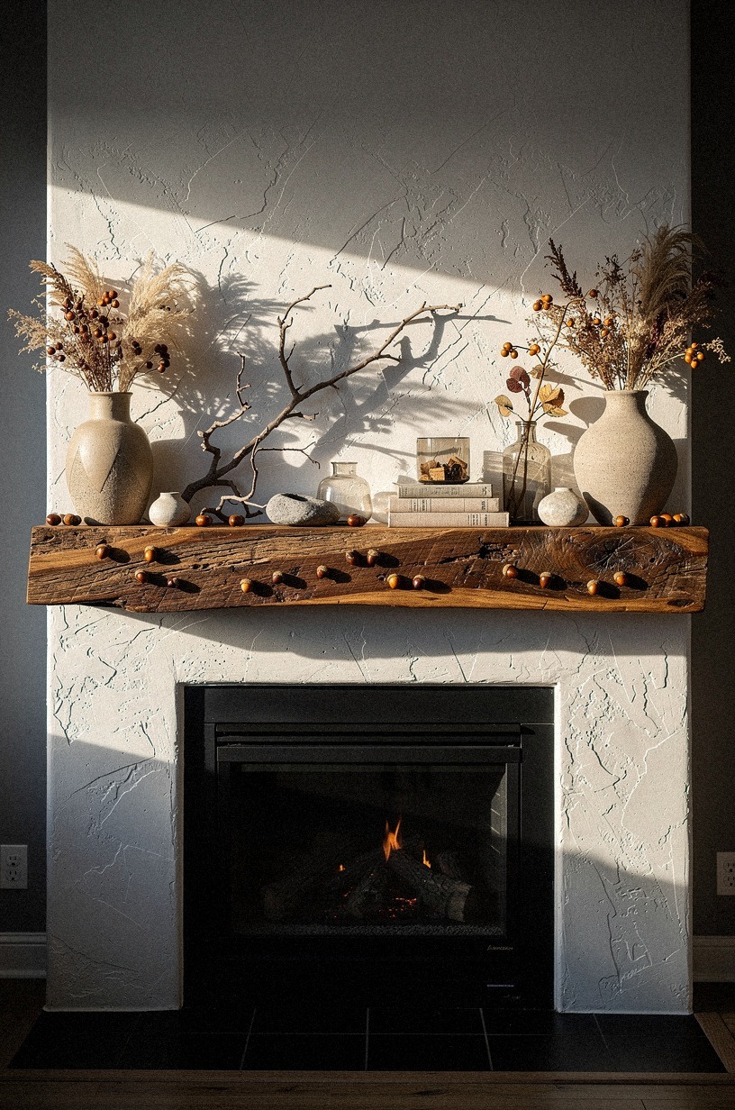 Scattered acorns across the hearth ledge