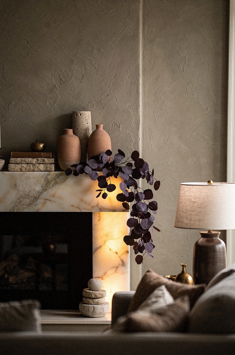 Drape plum eucalyptus across the mantel edge