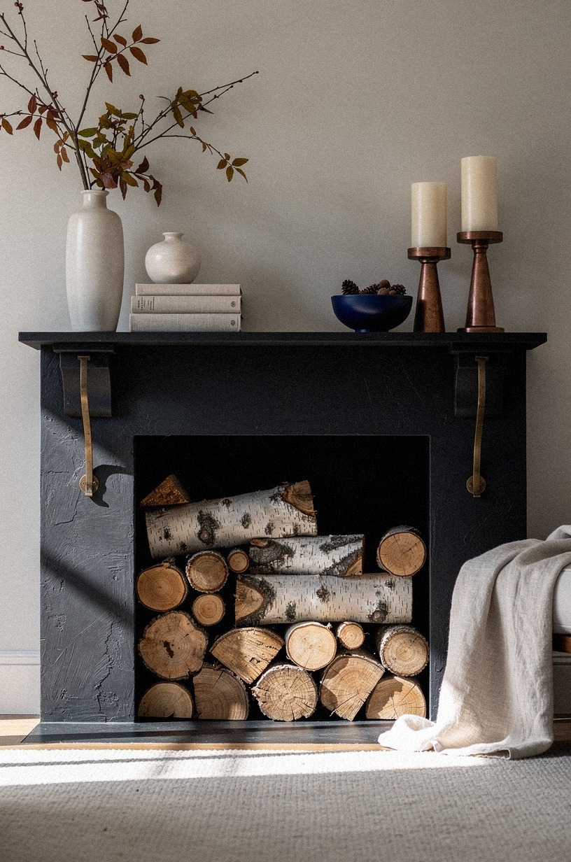 Frame the firebox with shadowy birch logs